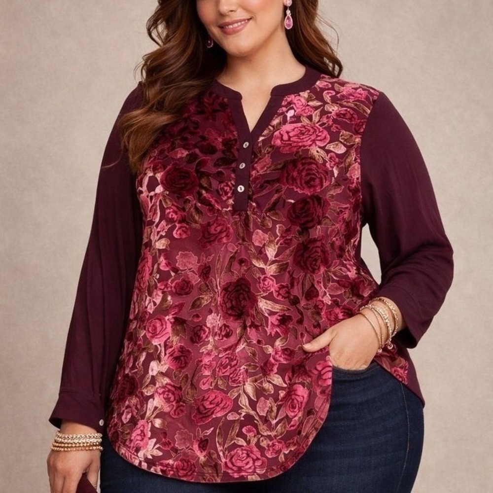 ODDI Womens Top 1X Burgundy Floral Velvet Burnout Tunic Dark Romantic Goth Lite